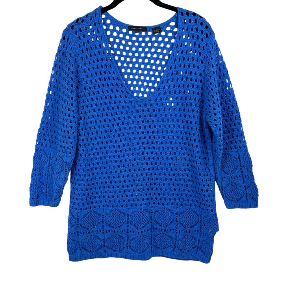 Jeanne Pierre Knit Crochet Pullover via Neck Sweater 3/4 Sleeve Blue Size XL